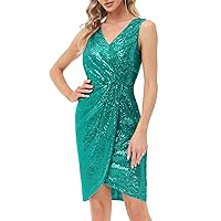 GRACE KARIN Women's Sexy Sequin Sparkly Glitter Party Dress Club Dress Sleeveless V-Neck Ruched Cocktail Bodycon Dress