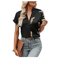 SOLY HUX Women's Button Down Shirt Leopard Print Notched V Neck Short Sleeve Blouse Tops