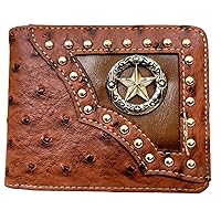 Texas Star Mens Wallet short bi-fold Ostrich texture brown Western sheriff star wallet