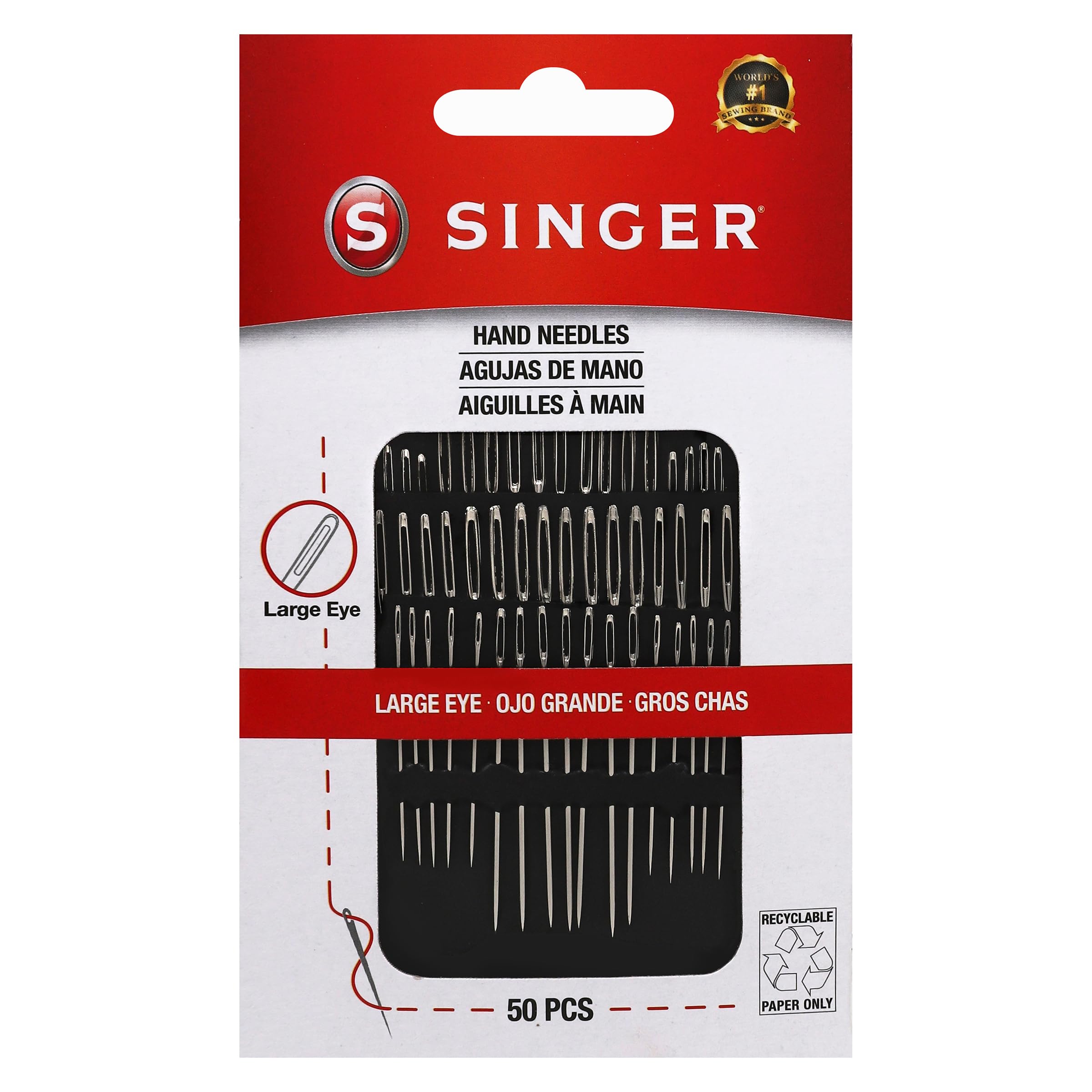 SINGER 50ct Assorted Large Eye Needles for Hand Sewing, Self-Threading Sewing Needles, 6 Sizes