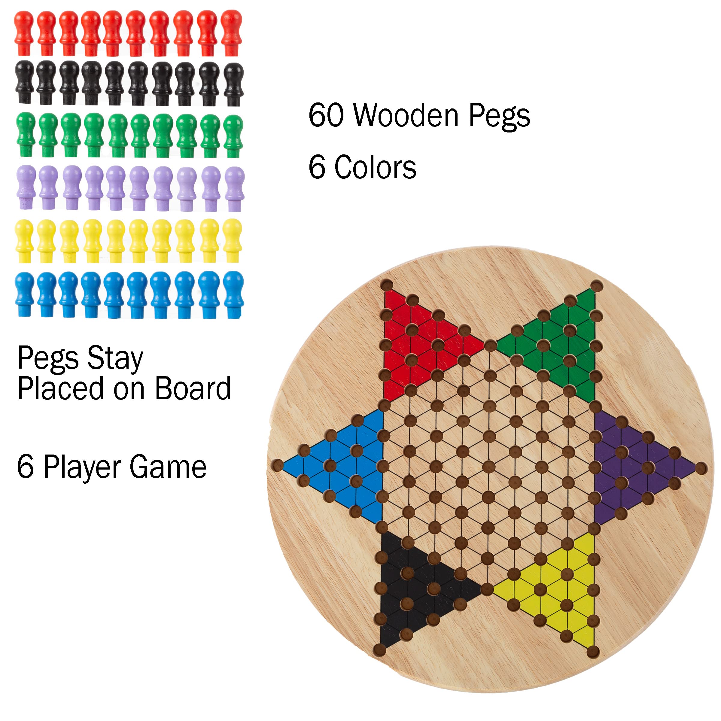 Chinese Checkers Game Set with 11 inch Wooden Board and Traditional Pegs, Game for Adults, Boys and Girls by Hey! Play!