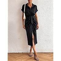 Summer Dresses for Women 2022 Batwing Sleeve Ruched Belted Shirt Dress Dresses for Women (Color : Black, Size : X-Small)
