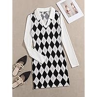 Women's Casual Ladies Comfort Dresses Argyle Print Collared Dress Leisure Perfect Comfortable Eye-catching (Color : Black and White, Size : Large)