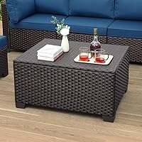 WAROOM Outdoor PE Wicker Coffee Table - Resin Rattan Patio Table Garden Furniture Backyard Storage Table with Waterproof Lining Bag, Brown