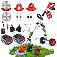 Electric Weed Wacker with Wheels, 2000mAh 21V Battery Operated Weed Eater Cordless, 3 in 1 Lightweight Edger Brush Cutter Weed Trimmer, Stringless Grass Trimmer Mower w/ 2 Battery 1 Charger