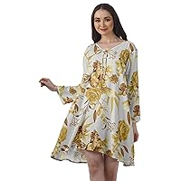 Rayon Flared Dress for Womens Long Sleeve Printed V-Neck Casual Beach Dress for Girls