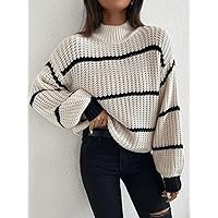 Striped Mock Neck Drop Shoulder Sweater (Color : Beige, Size : XX-Large)