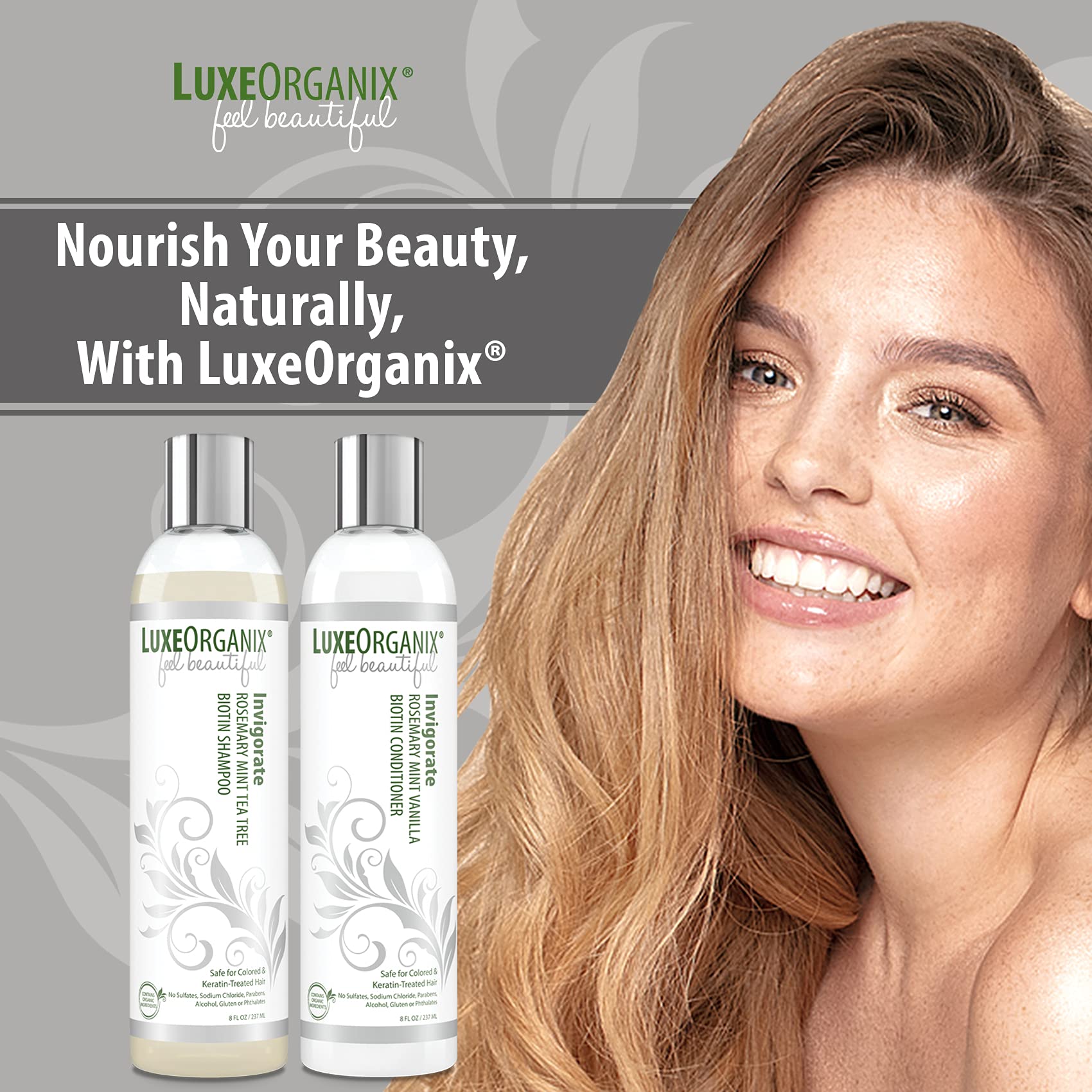 LuxeOrganix Biotin Shampoo and Conditioner Set - Thickening, Volumizing Formula for Thinning Hair and Healthy Growth - Organic and Safe for Colored or Keratin Treated Hair. Mint, Tea Tree and Rosemary