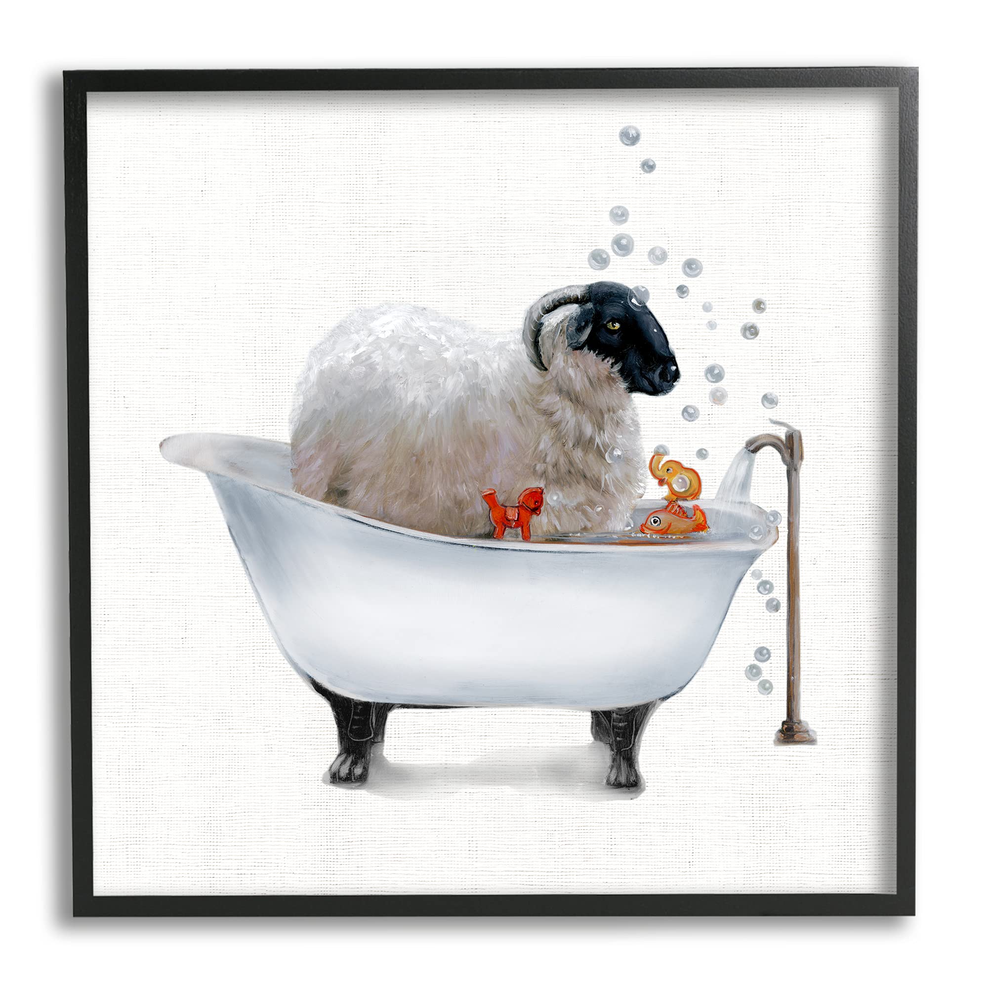 Stupell Industries Fluffy County Goat in Bathtub Soap Bubbles, Designed by Donna Brooks Black Framed Wall Art, 24 x 24, Grey