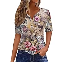 Spring Home Fashion Shirts Ladies Short Sleeve Tunic Button Down Printed Tees V Neck Soft Slimming Polyester Beige M