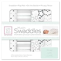 SwaddleDesigns Cotton Muslin Swaddle Blankets, Set of 4, Receiving Blankets for Baby Boys & Girls, Best Shower Gift, 46x46 inches, Sterling Starshine & Dots