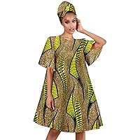 Dashiki African Dresses for Women Summer Print A-line Maxi Looose Dresses with Turban Headwrap