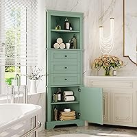 Merax Corner Storage Cabinet with Drawers and Door, Tall Bathroom Organizer for Bedroom, Living Room or Kitchen, Adjustable Shelves, Green