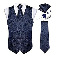 DiBanGu Mens Paisley Tie and Vest Set with Lapel Pin Tie Clip 7PCS Silk Woven Necktie Suit Waistcoat for Tuxedo Party Wedding