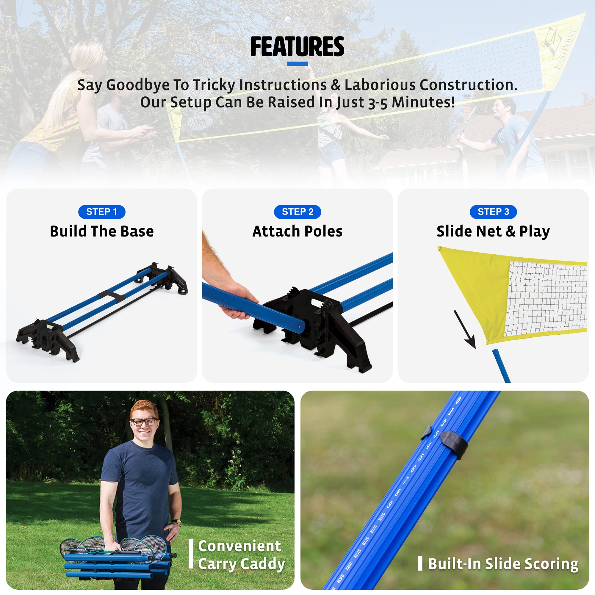 EastPoint Sports Easy Setup Badminton Set - Backyard Outdoor Game for Family Fun - Includes 2 Racket & 2 Shuttlecocks