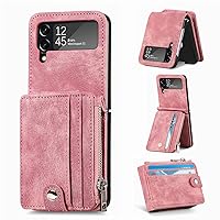 Business 2-in-1 Detachable Zip Card Holder Leather Phone Case for Samsung Galaxy Z FLIP 3/Z FLIP 4 5G Back Cover, Soft TPU Border Stand Shell(Pink,Z Flip 3)