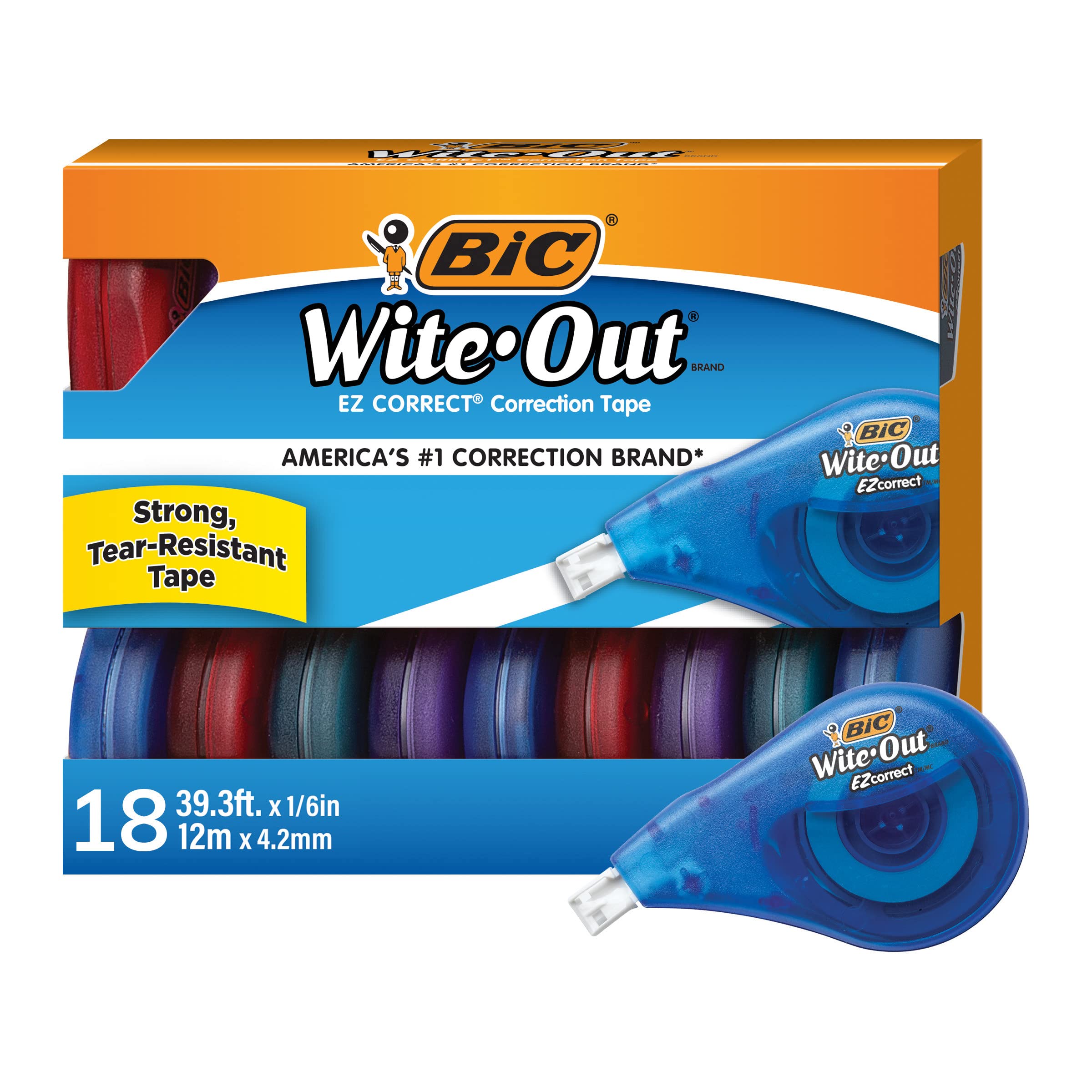 BIC Wite-Out Brand EZ Correct Correction Tape, 19.8 Feet, 18-Count Pack of white Correction Tape, Fast, Clean and Easy to Use Tear-Resistant Tape Office or School Supplies