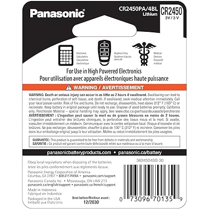 Panasonic CR2450 3.0 Volt Long Lasting Lithium Coin Cell Batteries in Child Resistant, Standards Based Packaging, 4-Battery Pack
