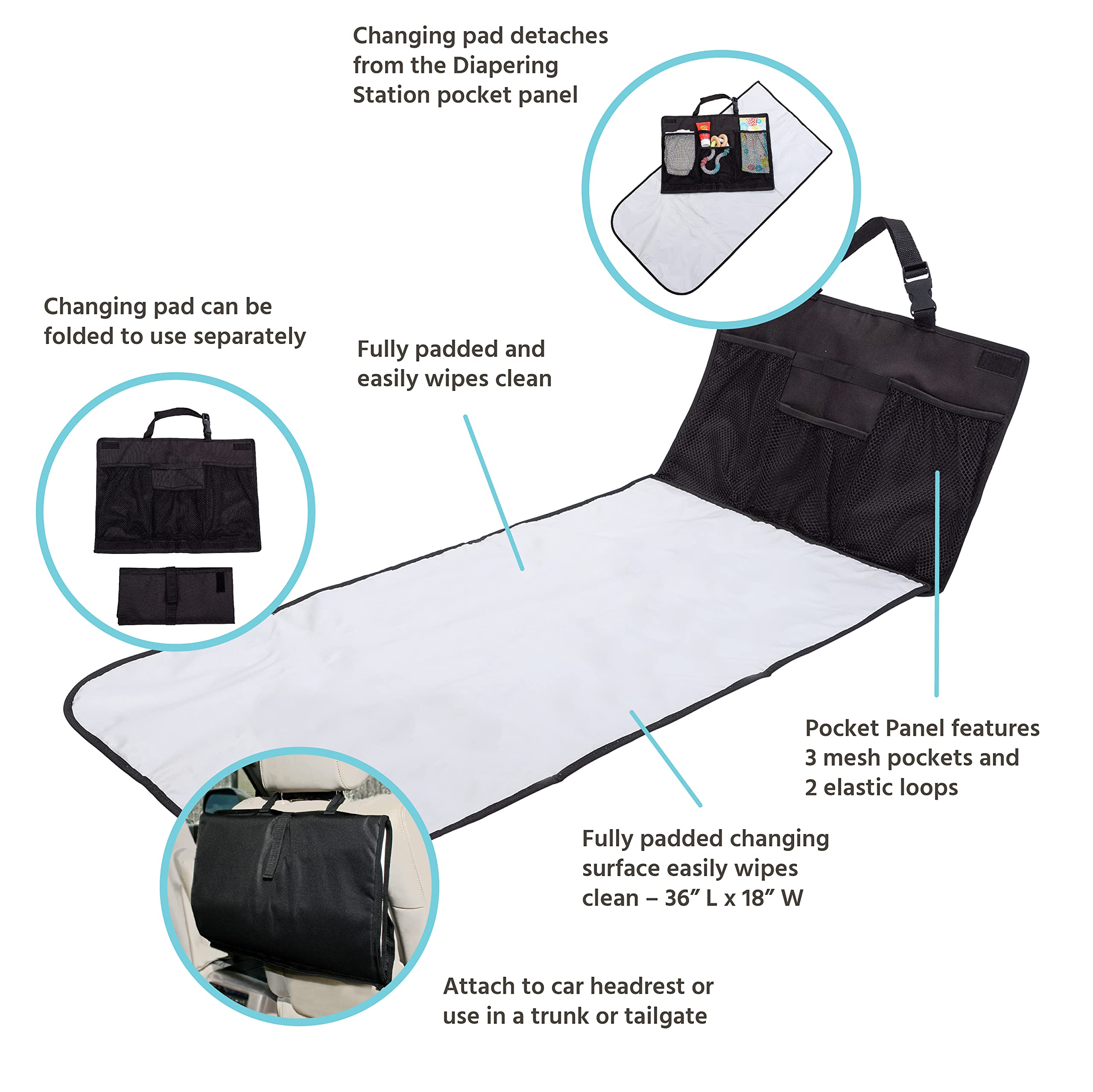 J.L. Childress Pockets 'N Pad, Portable Diapering Station for Your Vehicle, Detachable Changing Pad, Pocket Panel for Storage, Fully Padded, X-Large Dimensions (36