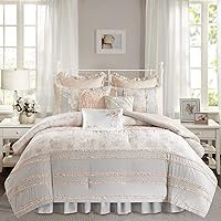 Madison Park Cotton Comforter Set - Shabby Chic Cottage Design All Season Down Alternative Bedding, Matching Shams, Bedskirt, Decorative Pillows, King (104 in x 92 in) Coral 9 Piece