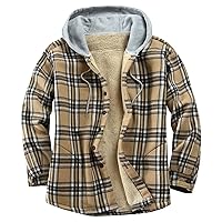 Men's Cotton Plaid Shirts Jacket Sherpa Fleece Lined Flannel Shirts Button Down Jackets Hooded Winter Warm Outwear