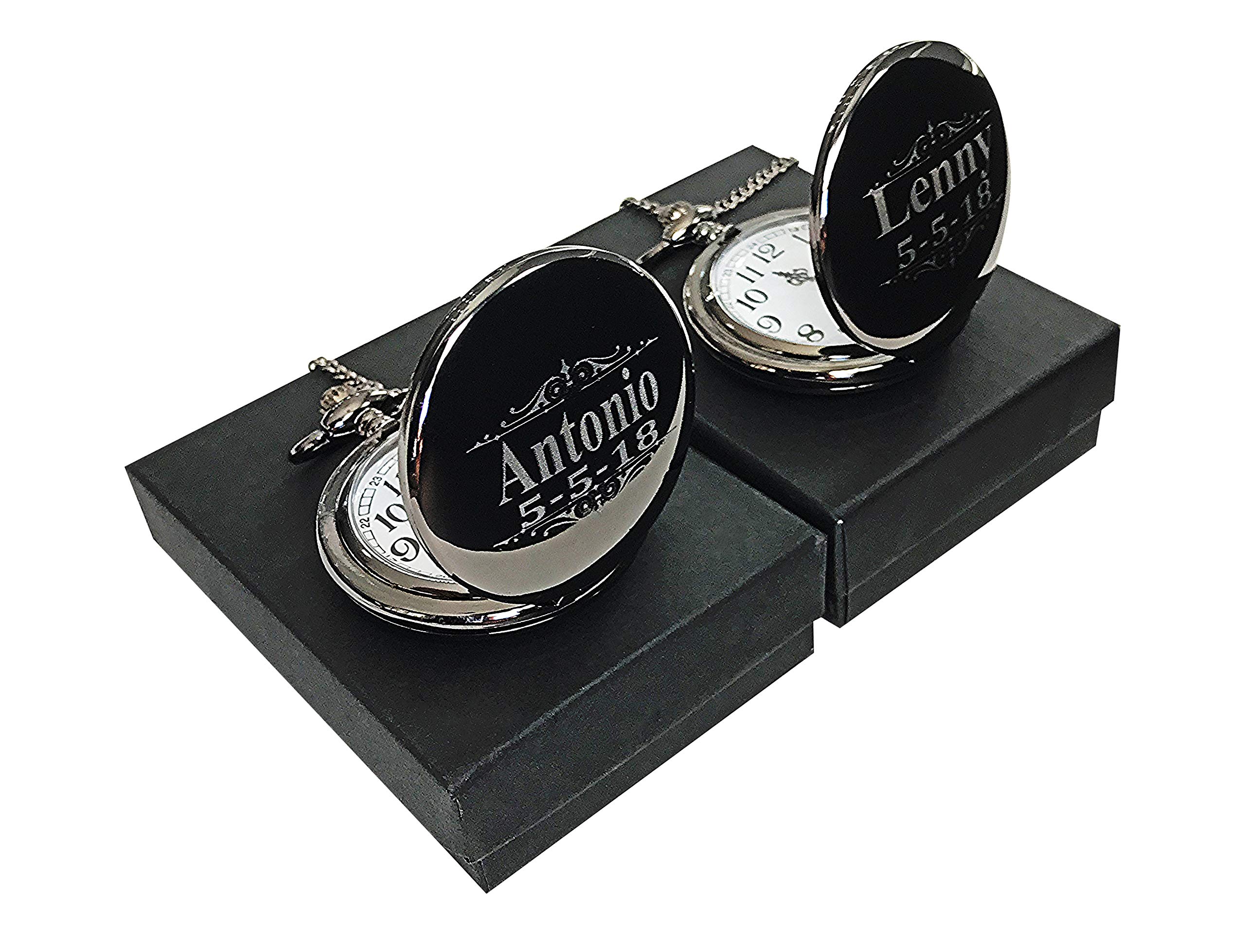 Engraved Pocket Watch - Wedding Groomsmen Personalized Unique Gifts - Chain, Box and Engraving Included, Comes in 4 Colors