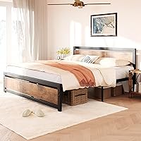 IDEALHOUSE Queen Size Bed Frame Platform, Industrial Queen Bedframe with Wooden Headboard and Footboard No Box Spring Needed, 14 inch Easy Assemble Noise Free Mattress Frame, Queen