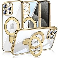 MANLENO Magnetic for iPhone 15 Pro Max Case Magsafe Clear with Invisible Stand Kickstand Camera Protector Plating 10FT Shockproof Soft Rubber Protective Phone Case (Gold)