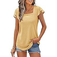 Summer Tops for Women Square Neck Shirts Puff Short Sleeve Eyelet Dressy Casual Tunics Blouse T-Shirt S-2XL