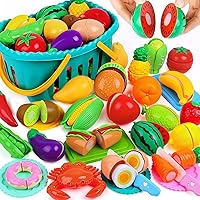 70PCS Cutting Play Food Sets for Kids Kitchen Toy Food Cutting Toys Fruits and Vegetables with Storage Basket Fake Food Pretend Play Kitchen Accessories Toys for Toddlers Boys Girls Xmas Gifts