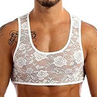 CHICTRY Men's Lace Floral Sleeveless Crop Top Half Shirt Muscle Tops Tank Vest Undershirt Nightwear