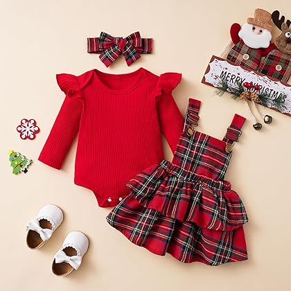Sasaerucure Infant Baby Girl Christmas Outfits Long Sleeve Romper Ruffle Bodysuit + Plaid Skirt + Headband 3Pcs Dress Set
