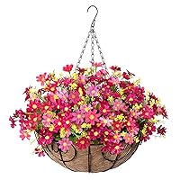 Artificial Hanging Flowers in Basket,Fake Daisy Plants Arrangement,12inch Coconut Lining Basket Hanging Plant,Outdoor Indoor Patio Lawn Garden Porch Spring Decor(Pink)