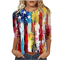 Vintage 4Th of July Shirts Womens American Flag Shirt 3/4 Sleeve Tops Summer Independence Day Crewneck Festival Tops