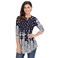 Womens Floral Notch Neck Pin-tuck Tunic 3/4 Sleeve Shirt Blouse