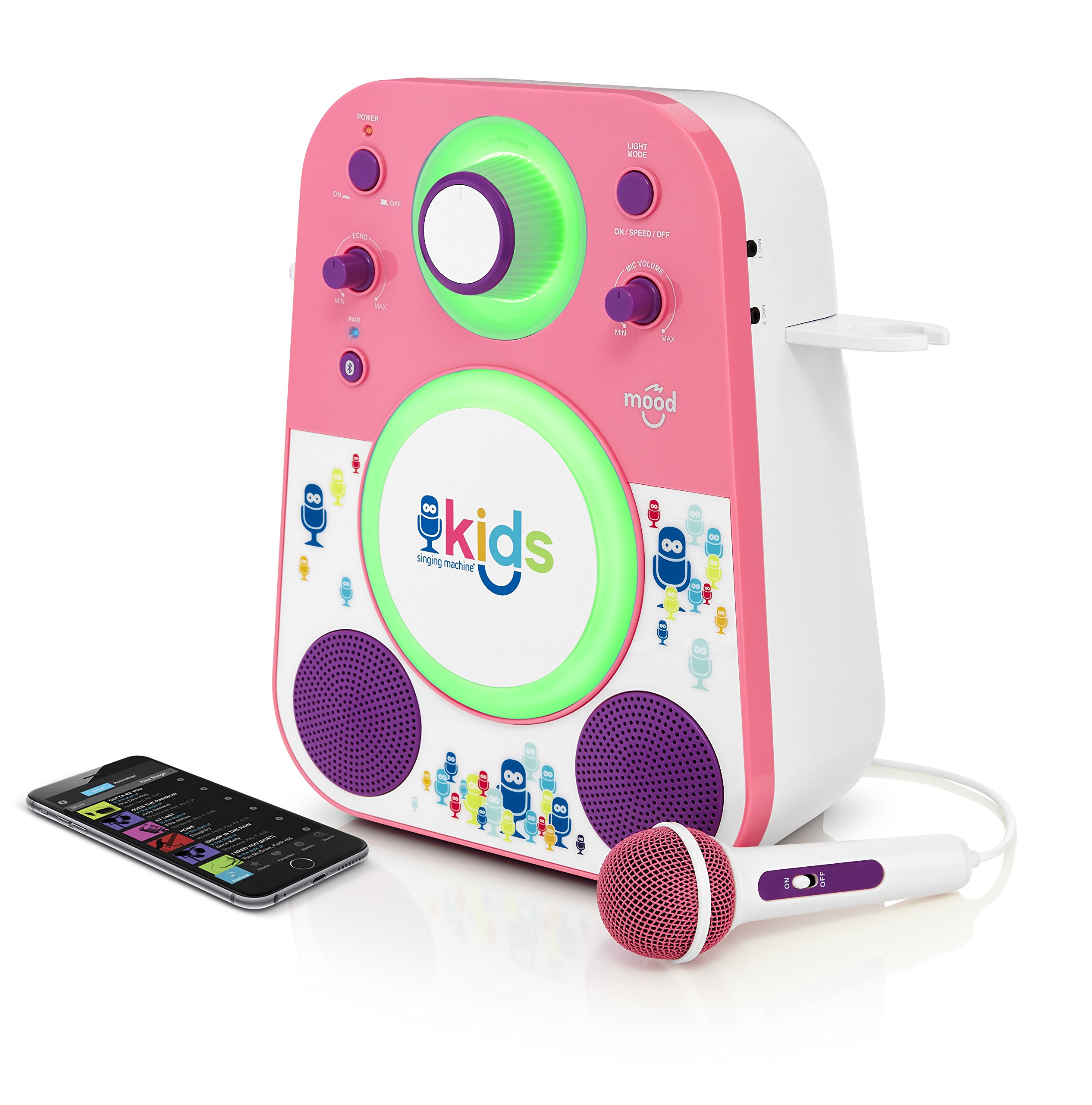 Singing Machine Kid's SMK250PP Mood LED Glowing Bluetooth Sing-Along Speaker with Wired Youth Microphone Doubles as a Night Light, Pink/Purple