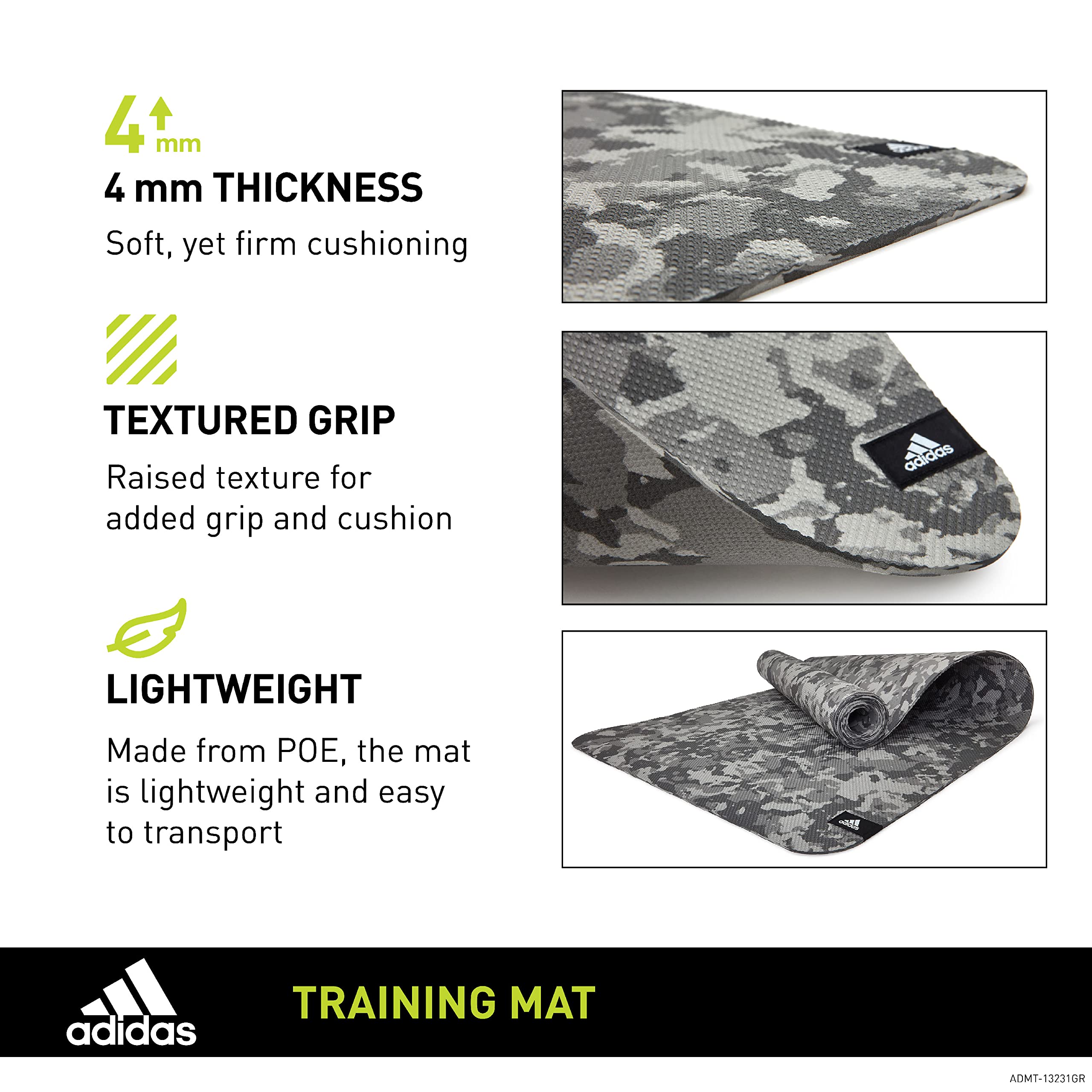 adidas 4mm Thick Textured Training Mat - Grip Texture for Support and Stability - Lightweight Non-Slip Workout Mat for Home Gym, Floor Workouts, and General Fitness - Portable and Durable - Grey Camo