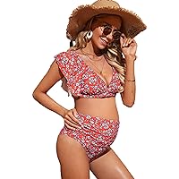 MakeMeChic Women's Maternity Two Piece Swimsuit Floral Ruffle Sleeve High Waisted Bikini Set