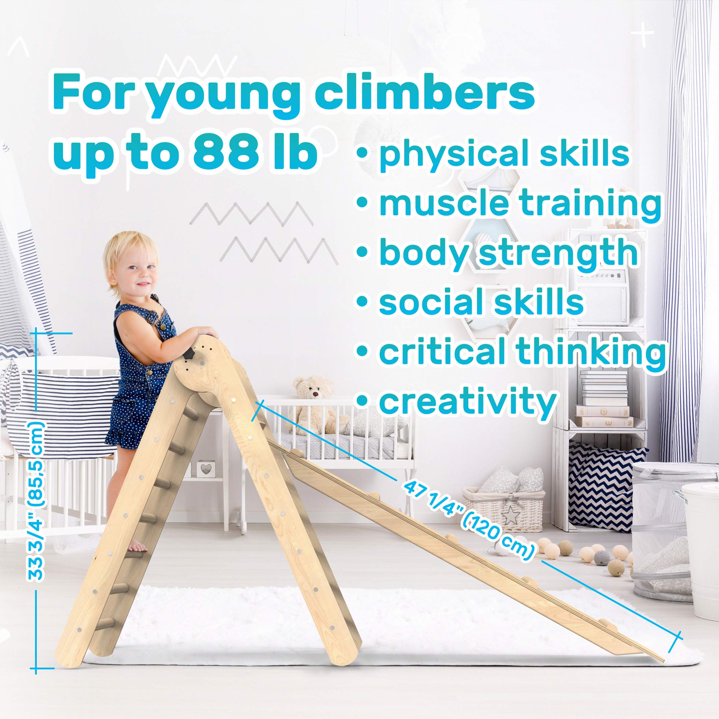 Foldable Climbing Toys for Toddlers 3 in 1 - Pikler Triangle Climber with Ramp Wooden Toddler Climbing Triangle Set 3 in 1 - Montessori Climbing Set for Sliding Pickler 3 Piece Climbing Gym for Kids