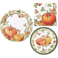Pumpkin and Fall Foliage Supplies Autumn Theme Bundle Includes Paper Plates & Napkins for 8 People Thanksgiving Friendsgiving Table Decor Harvest Design, Orange, Mulit-color