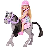 Barbie Chelsea Doll & Horse Toy Set, Includes Helmet Accessory & Saddle, Doll Bends at Knees to “Ride” Gray Pony