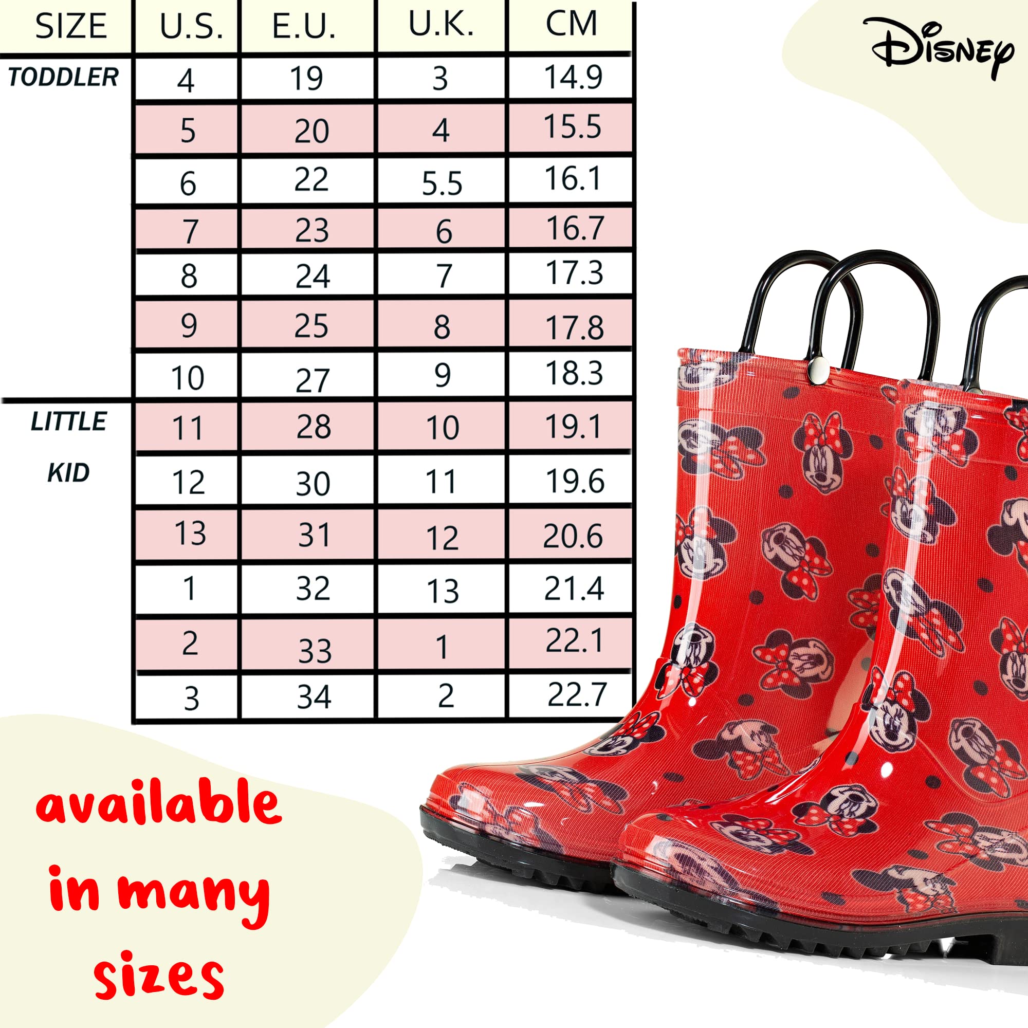 Disney Minnie Mouse Girls PVC Rainboots - Lightweight and Waterproof - Easy-On Handle - Toddler and Little Kid - Pink and Red