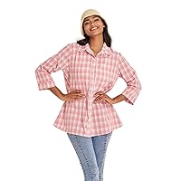 Plaid Shirts for Women 3/4 Sleeve Blouses & Button-Down Shirts Rayon Women Striped Checkered Tunic Blouse