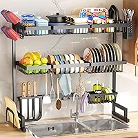 Over The Sink Dish Drying Rack, 3 Tier Adjustable (33.8 to 41.5 inch) Large Capacity Kitchen Counter Dish Drying Rack with Fruit Basket Utensil Holder Sink Caddy Cup Holder, Black