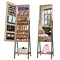 LVSOMT 6 LEDs Standing Jewelry Mirror Cabinet, Full Length Mirror Jewelry Armoire Organizer, Stand Up Floor Mirror with Jewelry Storage, Lockable, Bottom Shelf, Wood Brown
