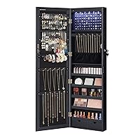 SONGMICS 6 LEDs Mirror Jewelry Cabinet, 47.2-Inch Tall Lockable Wall or Door Mounted Jewelry Armoire Organizer with Mirror, 2 Drawers, 3.9 x 14.6 x 47.2 Inches, Black UJJC093B01