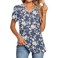 BISHUIGE Womens Henley Tunic Tops Button Up T-Shirts Petal Sleeve V-Neck Casual Blouses