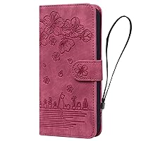 Wallet Case Compatible with Samsung Galaxy S22 Ultra, Cherry Blossom Cat Pattern Leather Flip Phone Protective Cover with Card Slot Holder Kickstand (Red)