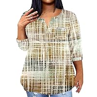 Womens Plus Size Henley Tops V Neck Half Sleeve Pullover Tunics Tops Casual Graphic Vintage Plaid Tee Shirts Blouse