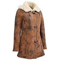 Genuine Sheepskin Duffle Coat For Womens 3/4 Long Hooded Cognac Shearling Jacket Armas